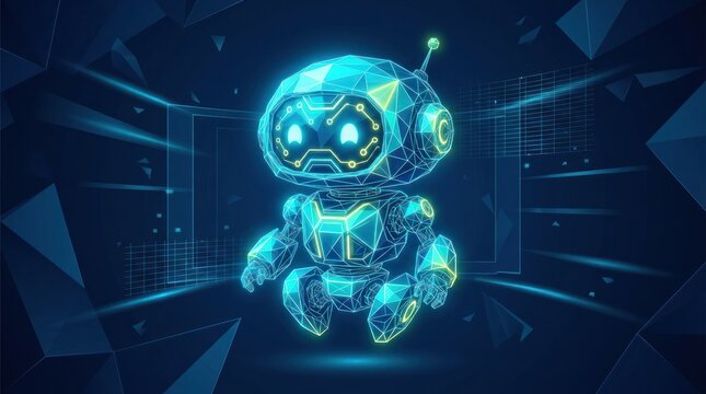 Small futuristic glowing robot in dark digital space.