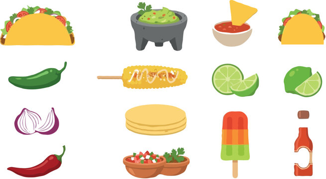 Mexican food cartoon vector illustration set with crunchy hard shell tacos guacamole molcajete salsa chip elote corn tortillas pico de gallo chili hot sauce