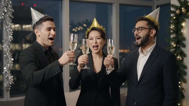 Coworkers wearing party hats toast with champagne at a holiday event