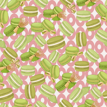 Vector seamless pattern with green matcha and pistachio macarons for confectionery branding, bakery wrapping paper, and fabric print design