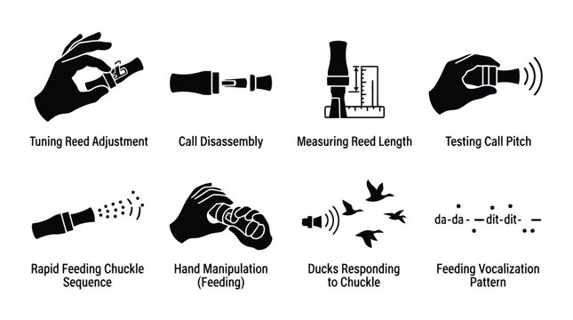 Duck hunting call maintenance and operation instructional icon set vector graphics isolated on white background