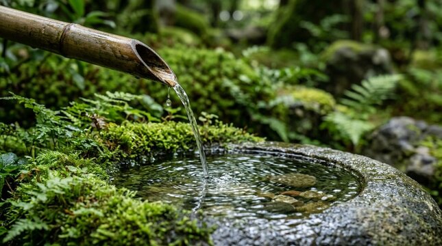 Zen Garden Water Feature - Bamboo Fountain Draining into Stone Basin