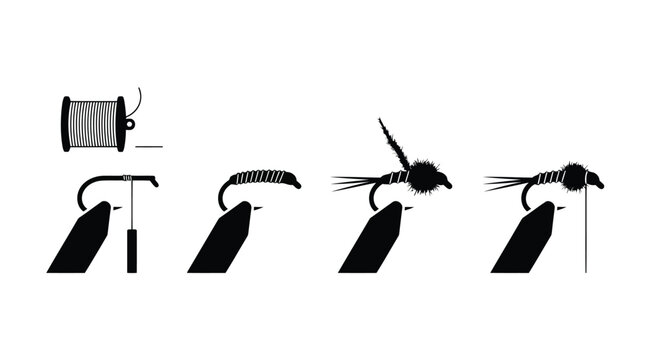 Step by step guide for tying a fishing fly in a black silhouette vector design isolated on white background