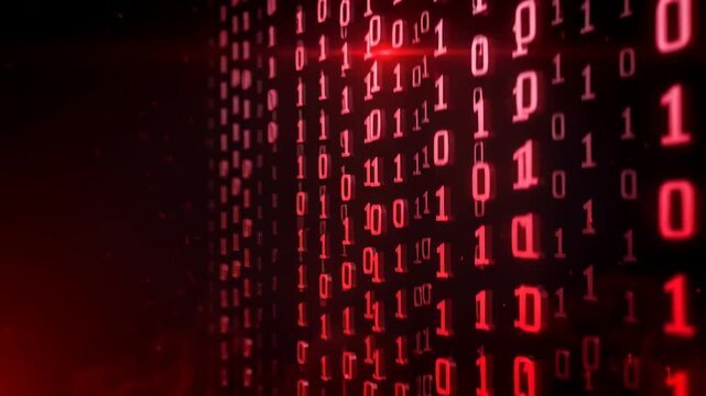 Crimson binary code raining in dark digital space