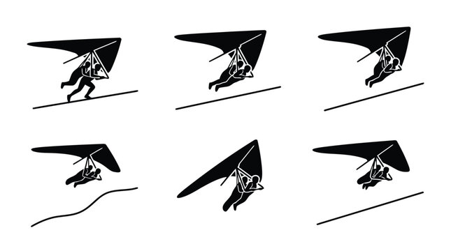 Set of hang gliding icons showing various flight maneuvers and positions isolated on white background