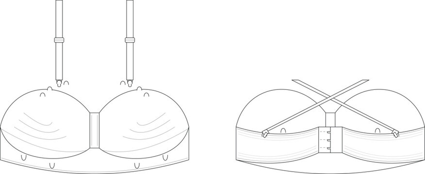 Technical fashion illustration of a convertible multiway strapless bra design template showing front and back views with detachable straps