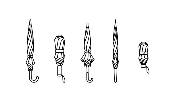 Folded Portable Travel Umbrella Parasol Thin Line Outline Vector Icons