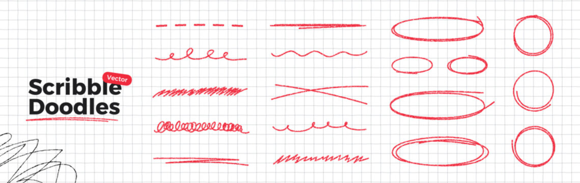 Scribble doodle set on notebook paper. Hand drawn red pen texture elements. Round and oval bubbles to highlight text. Circle marker outline shapes. Thin rough line. Vector illustration
