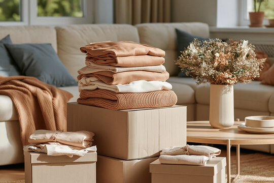 Neatly folded clothes stacked on cardboard boxes in