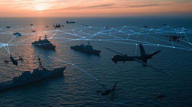 Military drones and warships connected by digital network