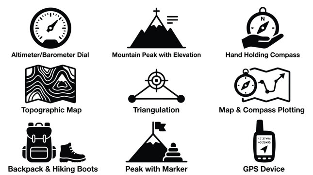 Set of Nine Hiking and Navigation Icons illustration isolated on white background