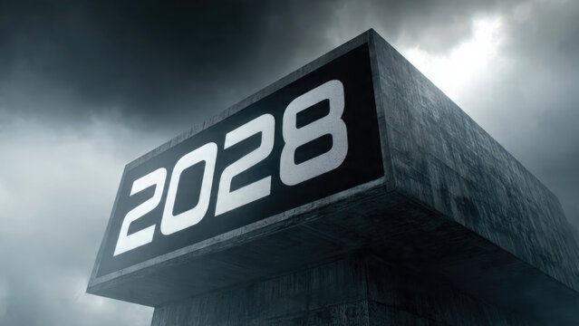 Dramatic low angle view of the year 2028 displayed on a dark futuristic structure