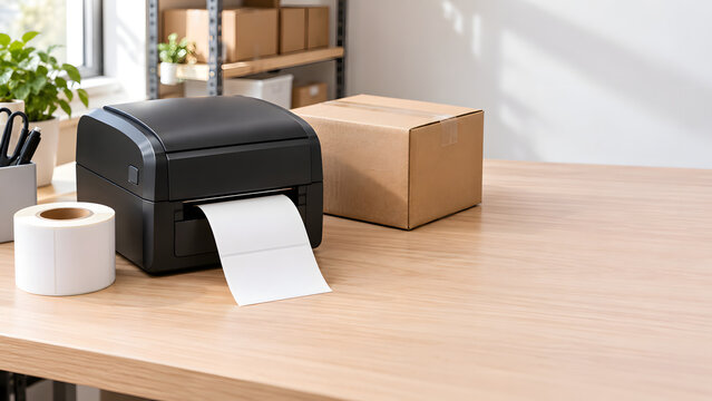 Thermal label printer with blank shipping labels on packing desk