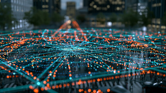 Digital network overlay on busy city street at