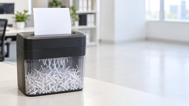Office paper shredder with shredded documents in collection bin