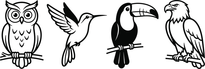 Fototapeta premium Wild Birds Line Art Vector Illustration Set with Owl Hummingbird Toucan Eagle