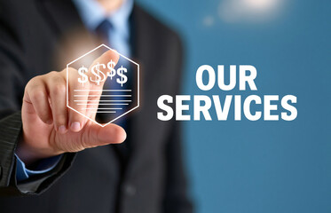 Obraz premium Businessman hand touching digital services icon with dollar