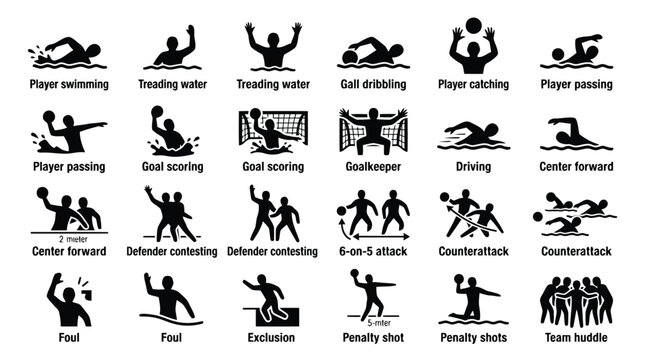 Water polo actions and techniques illustration isolated on white background