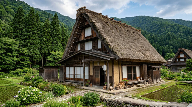 Traditional Japanese Gassho-zukuri house in lush green countryside