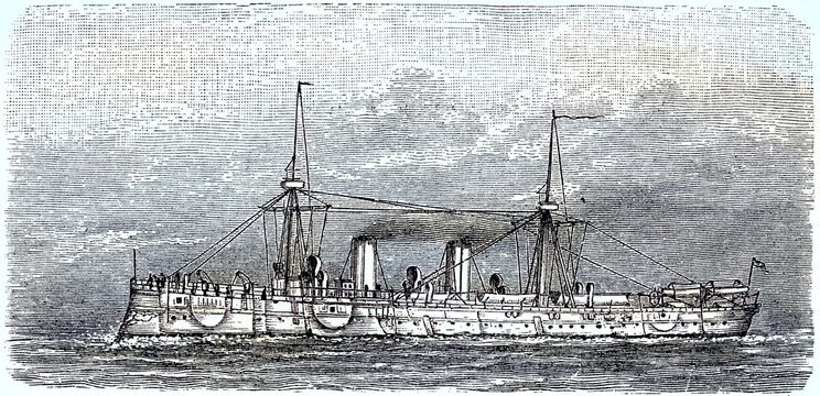 SMS Irene was the type ship of a new class of cruiser corvettes or small cruisers of the Imperial Navy, equipped without sail rigging for the first time, Germany, c. 1890, Historic, digital reproduction of an original 19th century original