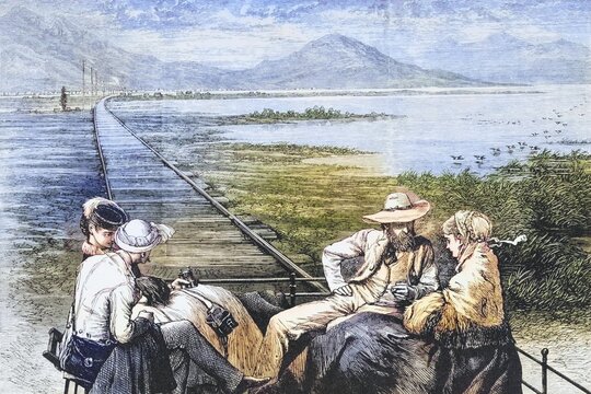 Inspection car of the Pacific Railway on the way to the Great Salt Lake. From American Pictures Drawn With Pen And Pencil by Rev Samuel Manning c. 1880, United States, America, Historic, digitally restored reproduction from a 19th century original, Record date not stated