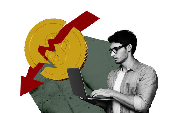 Art poster banner 3d collage photo of serious businessman surf laptop arrow decline coin crack capital loss bankruptcy concept
