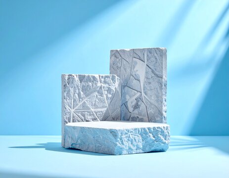 Modern textured stone display podiums on a vibrant blue background, bathed in natural light with crisp leaf shadows, ideal for minimalist product presentations