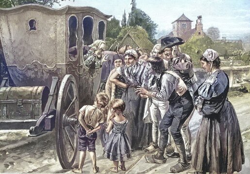 Francois-Marie Arouet, known by his nom de plume Voltaire, in a coach in Pomerania, Historical, digitally restored reproduction of an original from the 19th century, exact date unknown