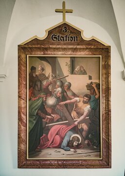 Stations of the Cross by an unknown artist in the ambulatory of the Catholic pilgrimage church of the Holy Trinity in Kappl, Waldsassen, Tirschenreuth district, Upper Palatinate, Bavaria, Germany. 3 Station, Jesus falls for the first time under the cross