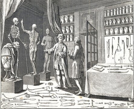 Medicine, Anatomy, Surgery, A surgeon shows a gentleman his practice, The room contains a human skeleton, decorated figures, rows of glasses and a variety of medical instruments, c. 1700, Historic, digitally restored reproduction from a 19th century original