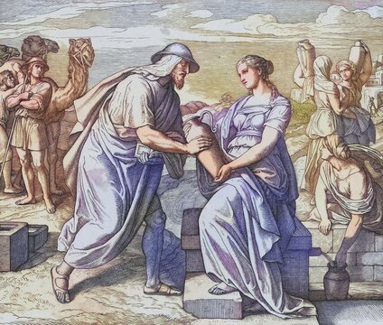 Biblical story, Abraham's servant meets Rebekah, woman of Isaac and mother of the twins Esau and Jacob, digitally enhanced reproduction of a wood engraving by Julius Schnorr von Carolsfeld, historical, around 1860, exact date unknown