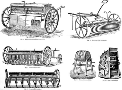 Schamberts improved fertiliser machine, horse rake with steel teeth, Germania seed drill and dibbling machine for sowing, butter machine by Lefeldt, production of butter, butter churn, crank, goel threshing machine, agriculture in the 19th century, agricultural engineering, field farming, tillage, field work, industrialisation, historical illustration 1877, Germany