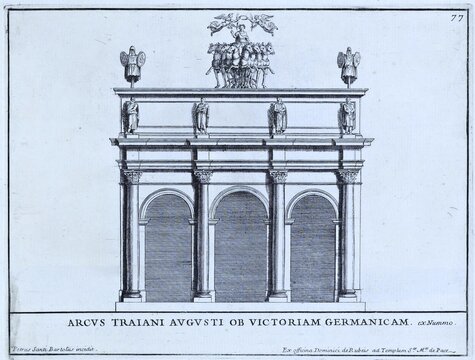 Arcus Traiani Augusti ob Victoriam Germanicam, a Roman victory arch based on a coinage, erected for the Emperor Trajan in honour of military victories in Germania, historical Rome, Italy, 1625, Rome, digital reproduction of an 18th century original, original date not known