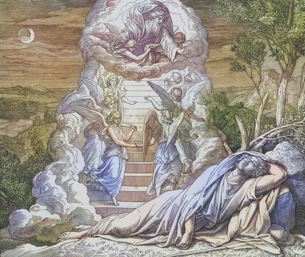 Biblical story, The vision of Jacob's ladder, ladder to heaven is an ascent and descent between earth and heaven, which Jacob sees in a dream vision during his flight from Esau from Be?er Sheva to Harran according to the biblical narrative in Gen 28, 11, digitally enhanced reproduction of a wood engraving by Julius Schnorr von Carolsfeld, historical, around 1860, exact date unknown