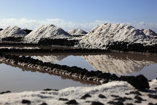 Crystal pools and salt mountains of the salt works in Fuencaliente at the Punta de Fuencaliente, the southern tip of the island, La Palma, Canary Island, Spain