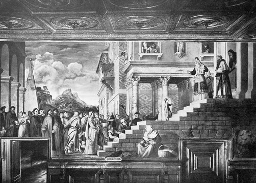 Historic photo (ca 1880) of the visit of Mary, Mary Magdalene, in the temple, painting by Titian, Venice, Venezia, Italy, Historic, digitally restored reproduction of a 19th century original, exact original date unknown