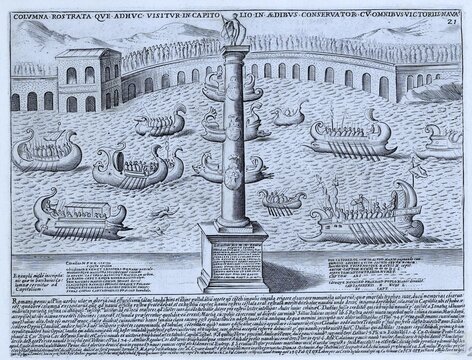 After the Battle of Mylae in 260 BC during the First Punic War, a Columna Rostrata, a victory column, was erected on the Roman Forum in honour of Gaius Duilius, naval commander and consul, historical Rome, Italy, digital reproduction of a 17th century original, original date not known