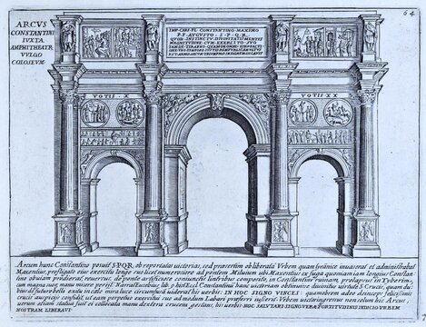 The Arch of Constantine is a triumphal arch. It was erected around 315 AD to commemorate the triumph of Constantine I over Maxentius at the Battle of Milvian Bridge, historical Rome, Italy, 1625, Rome, digital reproduction of an 18th century original, original date unknown