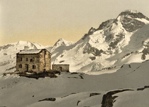 At the Theodul Pass, a 3295 m high glaciated pass in the Valais Alps between the Matterhorn and the Breithorn, Switzerland, 1896, Historic, digitally restored reproduction of a 19th century photochrome print