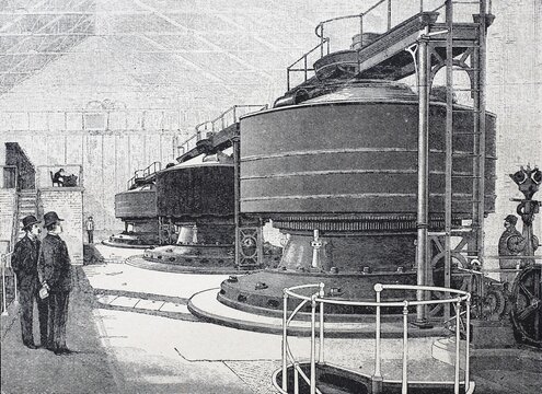 Dynamo Machines of the Niagara Power Plant, Power Generation at Niagara Falls, 1890, Canada, Historic, Digital Reproduction of an Original 19th century Artwork