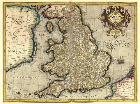 Atlas, map from 1623, England, digitally restored reproduction from an engraving by Gerhard Mercator, born as Gheert Cremer, 5 March 1512, 2 December 1594, geographer and cartographer