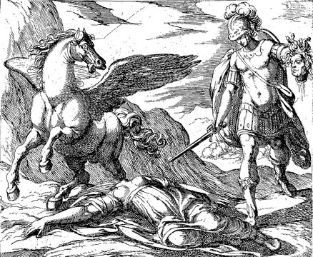 Perseus kills Medusa, from the bleeding wound of the headless Medusa spring Pegasus, a winged steed, and a giant named Chrysaor, both creatures of Poseidon, 1610, Historical, digitally restored reproduction from a 19th century original