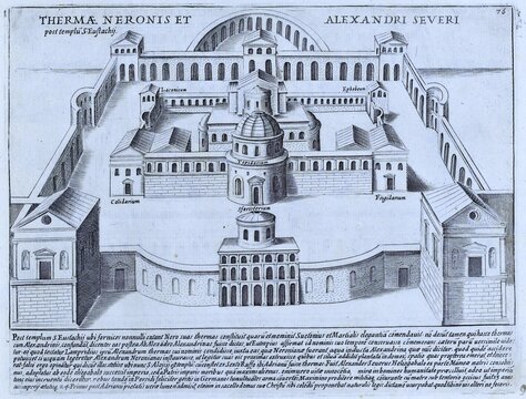 Thermae Neronis Et Alexandri Severi, the Baths of Nero and Severus Alexander, later the Church of St. Eustace. The Baths of Nero were built by Nero in 64 AD near the Pantheon, historical Rome, Italy, 1625, Rome, digital reproduction of an 18th century original, original date not known