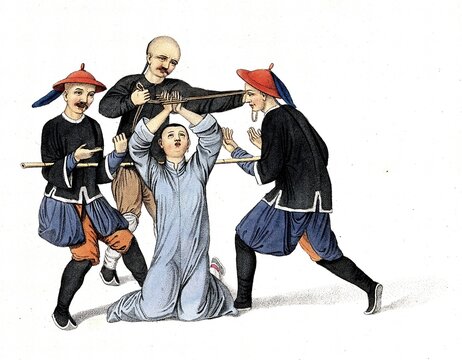 Torture, Punishment, Punishment, A Chinese man with his hands bound in a wooden grid kneels on the ground and is surrounded by two men with a long stick and one man with a rope, c. 1810, China, Historical, digitally restored reproduction from a 19th century original