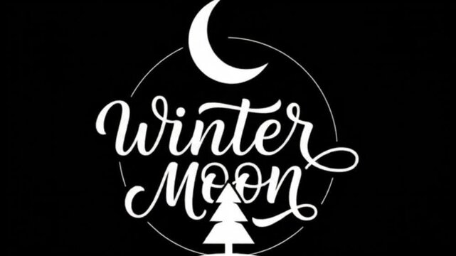 White winter moon hand lettering logo with pine tree icon on black background