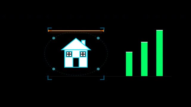 Housing market trend motion with digital bar charts and house icons. 4k