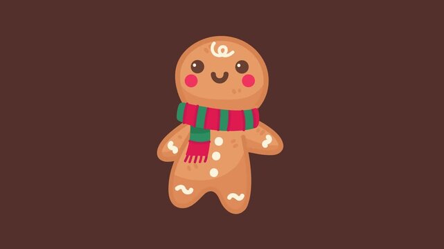 Charming gingerbread man with festive red and green scarf smiling cheerfully against a warm brown