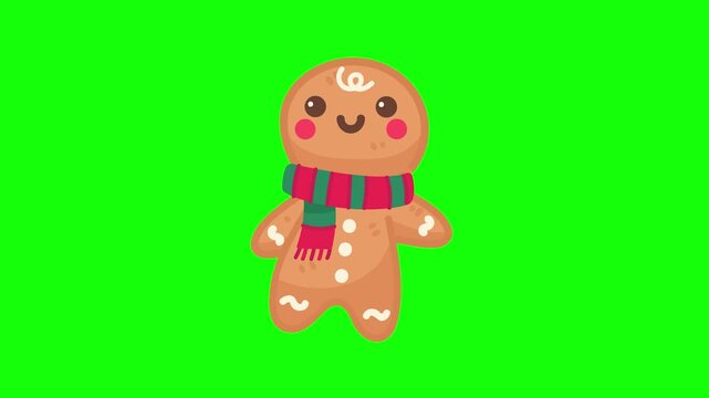 Cute smiling gingerbread man cookie character wearing a festive scarf on a green screen background
