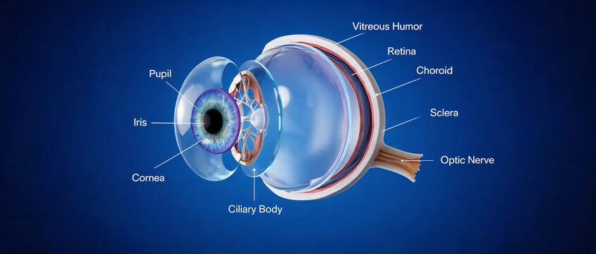 3D medical illustration of a human eye anatomy with cross-section layers and labels including cornea, iris, lens, retina, and optic nerve on a blue background.
