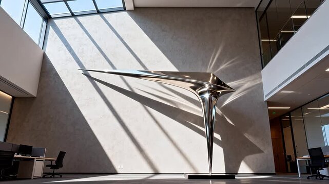 Modern office interior with curved metal sculpture under skylight